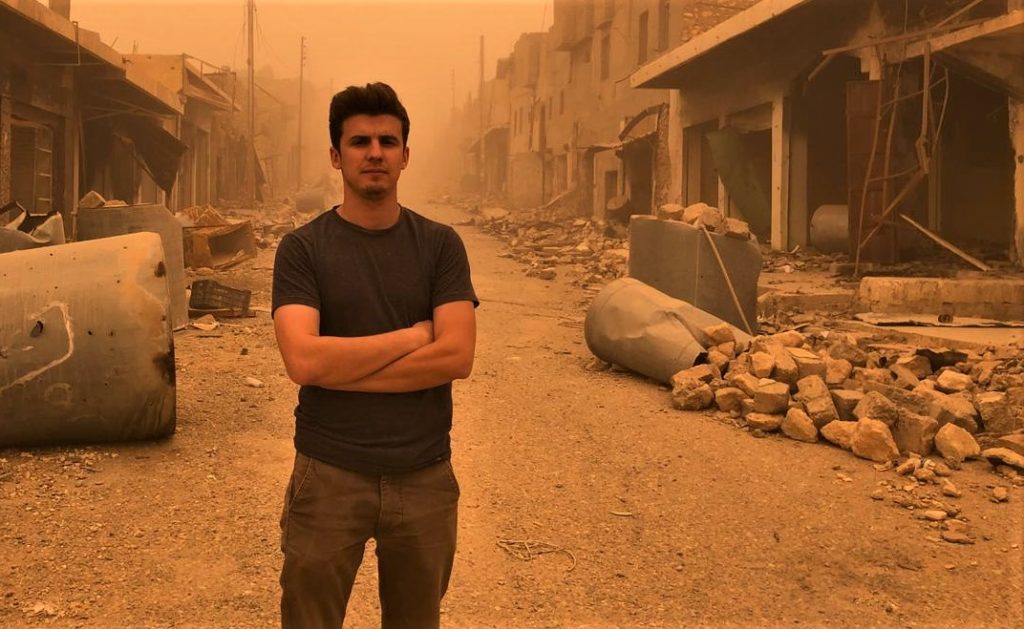 Ahmed stands with his arms folded in a street littered with rubble