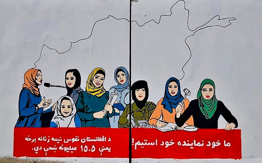 mural in Kabul with eight women representing different professions such as nurse, soldier, lawyer