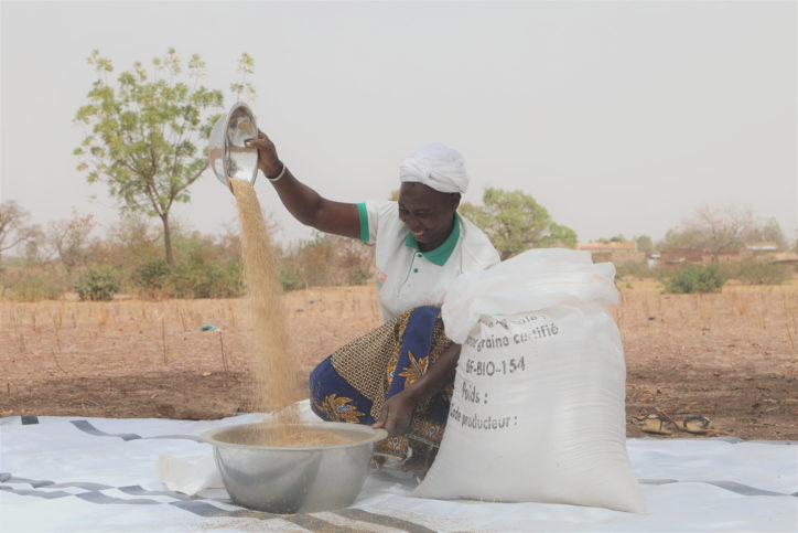 woman sitting next to a grain bag on the ground in the open sieving sesame seeds
