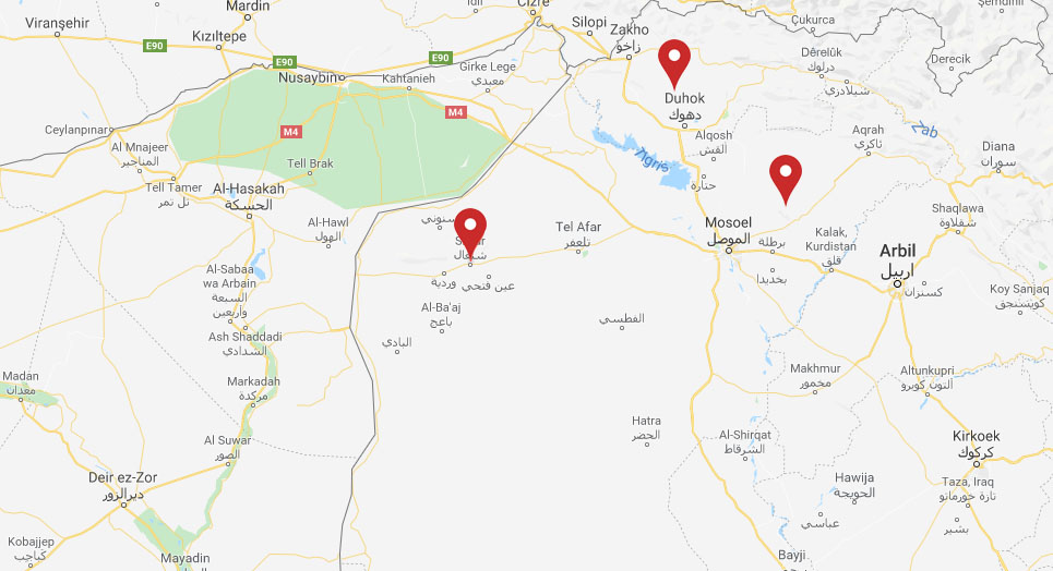 A map showing Sinjar, Ba'ashiqa and Seje
