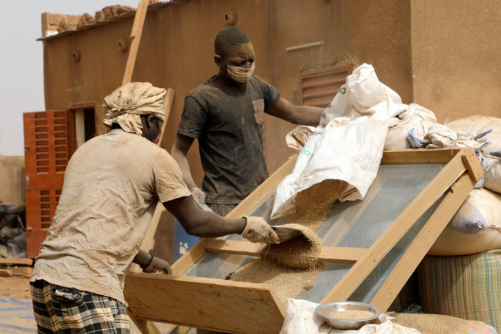 two young workers filtering sesame seeds with mouth caps against the dust