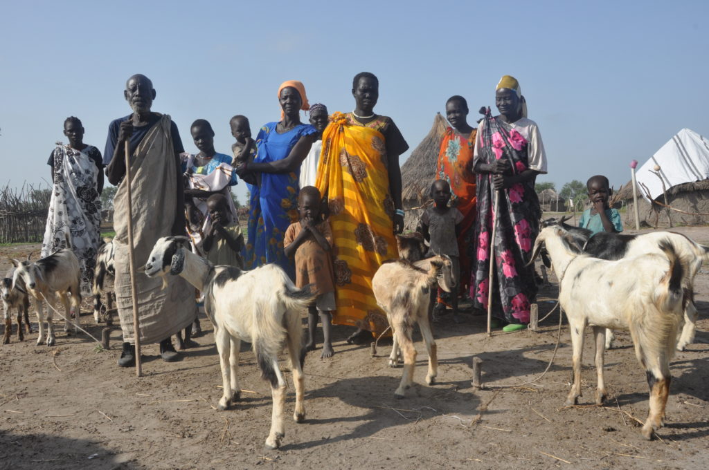 grown ups and children together with goats standing in front of some mud houses under a clear blue sky